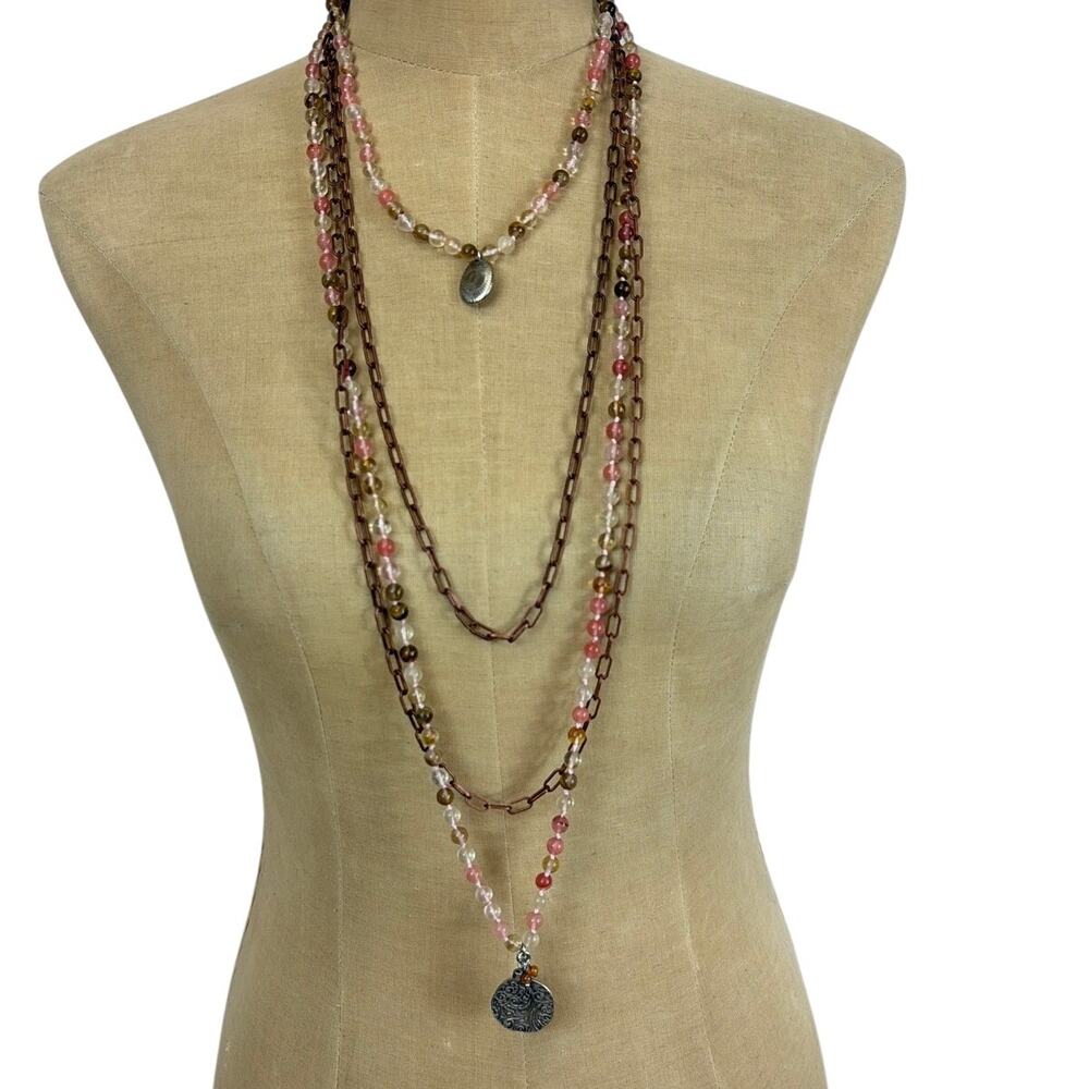 LOT 4 NEW Artisanal Necklaces Beaded & Chain Antiqued Copper w Pink Tones
